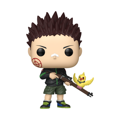 Figura de vinil estilo Funko Pop com cabelo castanho escuro e arma com pássaro amarelo.