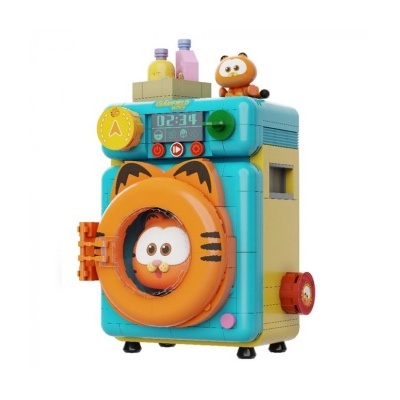 Brinquedo máquina de lavar roupa temática Garfield em cores azul, amarelo e laranja com detalhes em plástico.