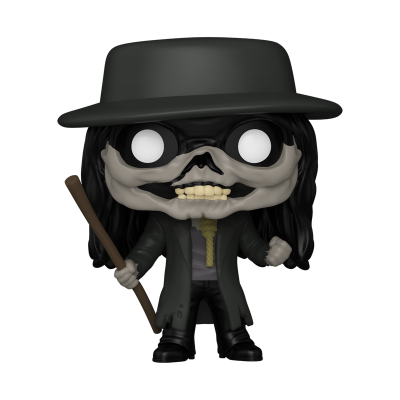Figura Funko Pop com máscara de caveira, cabelo preto e chapéu cinza escuro