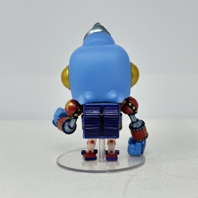 Figura de ação estilizada azul com detalhes vermelhos e dourados vista de trás.