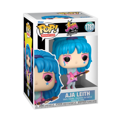 Funko Pop! Aja Leith figura de vinil na caixa com cabelo azul e fato rosa segurando guitarra.