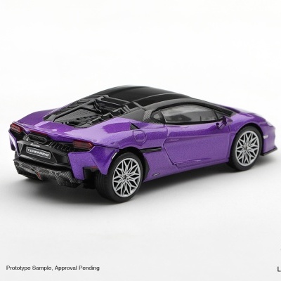 Miniatura de Lamborghini roxo metalizado com tejadilho preto sobre fundo branco