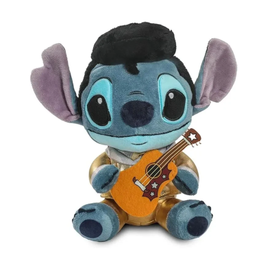 Pelúcia Stitch azul com roupa dourada e ukulele laranja