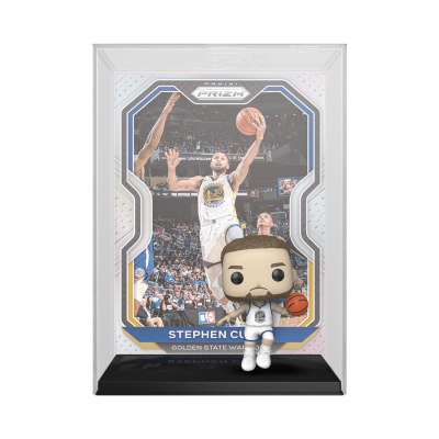 Cartão de basquetebol Prizm com foto do jogador Stephen Curry e mini figura Funko Pop em suporte