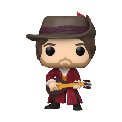 Figura Funko Pop com casaco vermelho e chapéu castanho a tocar instrumento musical