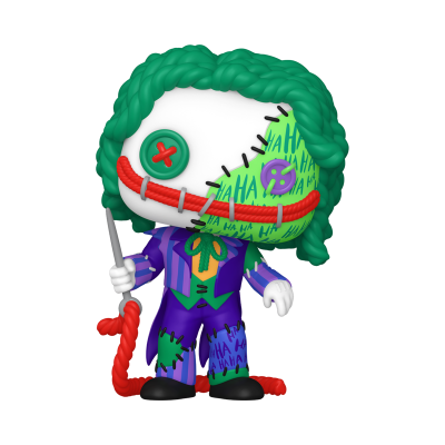 Funko Pop do Coringa com cabelo verde, costuras e roupa roxa e verde
