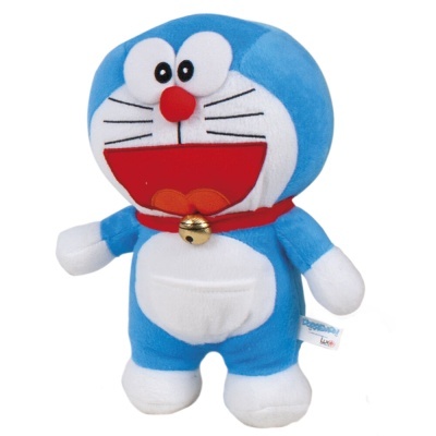 Peluche Doraemon azul e branco com coleira vermelha e sino dourado