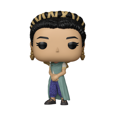 Figura Funko Pop de mulher com cabelo preto e fita bege, roupa azul clara e calças roxas