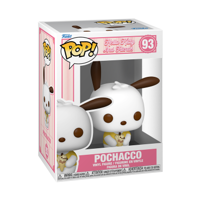 Funko POP! Pochacco em vinil numa caixa branca e rosa com o número 93