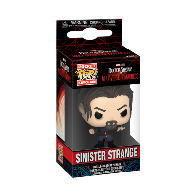Figura Funko Pop de Sinister Strange em caixa preta com texto e detalhes em vermelho e azul
