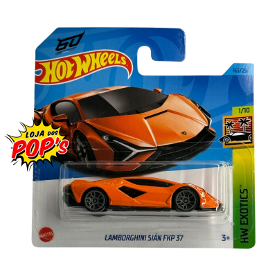 Miniatura Hot Wheels Lamborghini Sián FKP 37 laranja em embalagem azul amarela