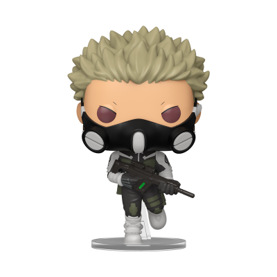 Figura colecionável estilo Funko Pop com máscara preta e roupa tática