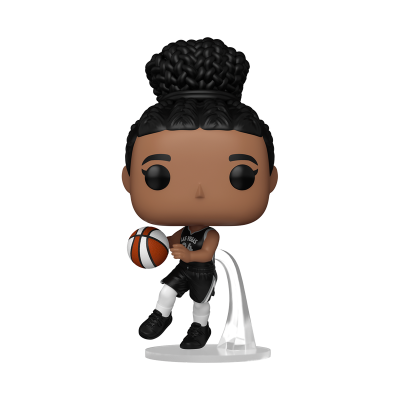 Figura colecionável Funko Pop de jogadora de basquete com cabelo em tranças e uniforme preto.