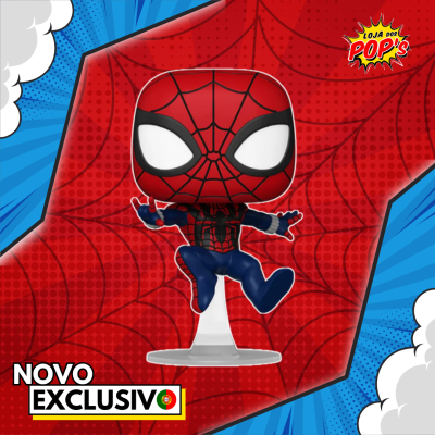 Figura POP Homem-Aranha vermelha e azul com padrão de teia em suporte transparente