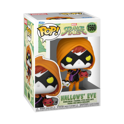 Figura Funko Pop Hallows' Eve Marvel Strange Tales com capuz laranja e caveiras em caixa