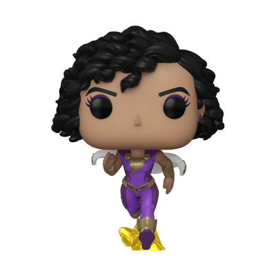 Figura Funko Pop com fato roxo e detalhes dourados em pose de voo