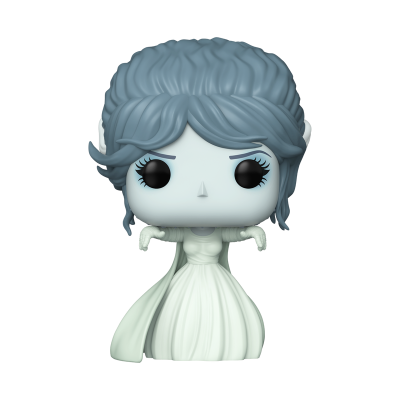 Figura colecionável Funko Pop de personagem feminina com vestido branco e cabelo azul acinzentado.