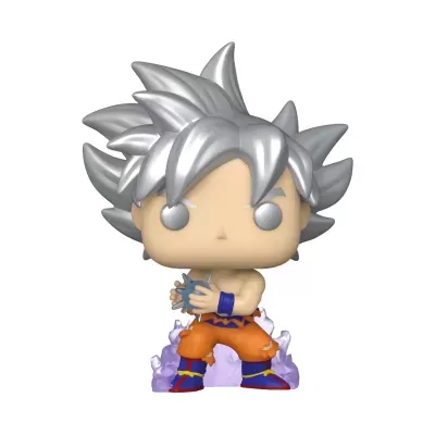Figura Funko Pop de Goku com cabelo prateado e roupa laranja e azul em pose de concentração