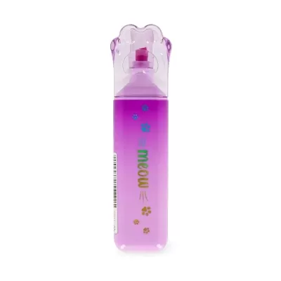 Frasco de plástico roxo com tampa em forma de pata de gato e decoração de pegadas