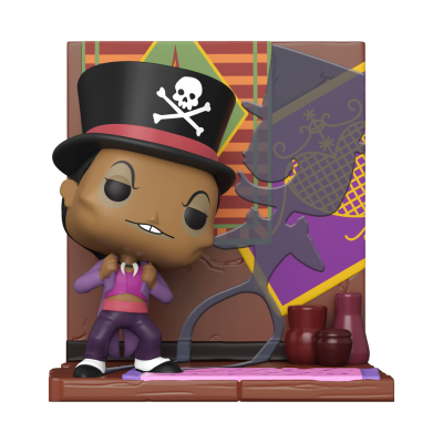 Figurina Funko Pop personagem com chapéu preto de caveira, roupas roxas e pedestal decorado