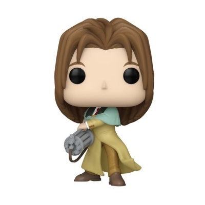 Figura Funko Pop com casaco amarelo e objeto cinzento na mão