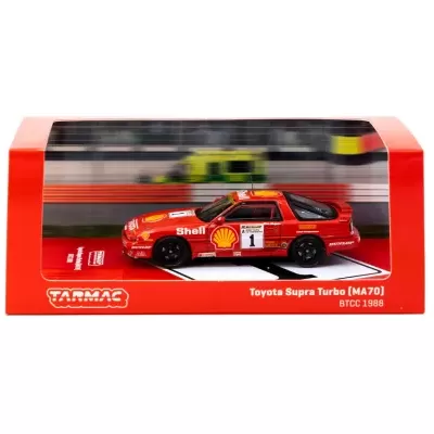 Miniatura de Toyota Supra Turbo vermelho em caixa vermelha com logotipos e texto.