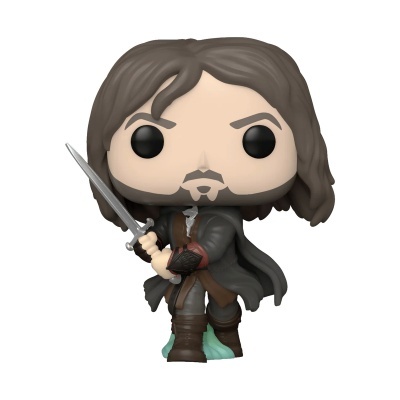 Figura Funko Pop com espada e roupa castanha e preta