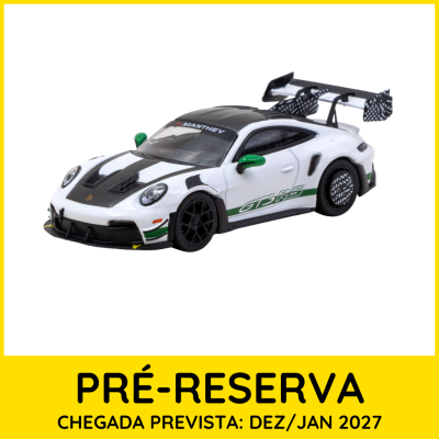 Miniatura de carro de corrida Porsche GT3 RS branco com detalhes pretos e verdes