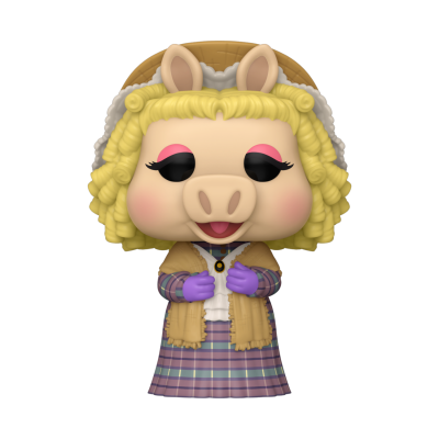 Boneco Funko Pop da personagem Miss Piggy com vestido xadrez e cabelo loiro.