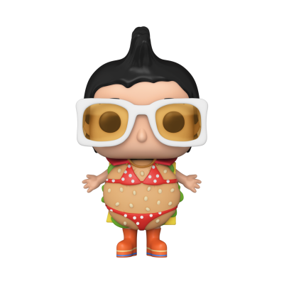 Figura colecionável estilo Funko Pop com vestido de hambúrguer, óculos brancos e botas laranja
