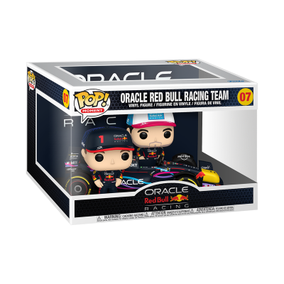 Caixa de figuras Funko Pop! Oracle Red Bull Racing Team com duas figuras e um carro de Fórmula 1 preto