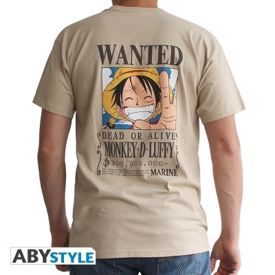 T-shirt bege com estampa Wanted Monkey D Luffy nas costas