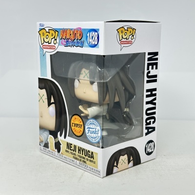 Caixa branca de boneco Funko Pop Neji Hyuga da série Naruto Shippuden, com vidro frontal mostrando a figura de vinil.