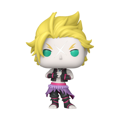 Figura Funko Pop de personagem com cabelo amarelo e roupa preta e roxa