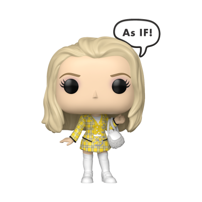 Figura Funko Pop de vinil com roupa amarela às riscas e balão de diálogo