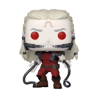 Figura Funko Pop de personagem com cabelo loiro, olhos vermelhos, roupa vermelha e preta e acessórios cinzentos.