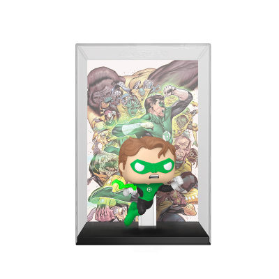 Estatueta do Lanterna Verde Funko Pop com máscara verde e roupas verdes e pretas em caixa com ilustração colorida ao fundo