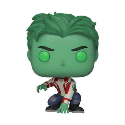 Figura Funko Pop de personagem com pele e cabelo verdes, vestido com fato desportivo branco e vermelho