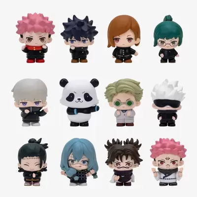 Figuras colecionáveis estilo chibi com cores variadas em três filas sobre fundo branco