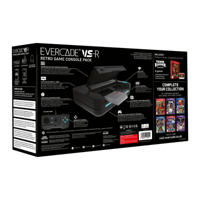 Embalagem preta do console Evercade VS-R retro game pack com texto e imagens dos jogos incluídos