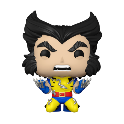 Figura colecionável Funko Pop do Wolverine com fato amarelo e azul ajoelhado