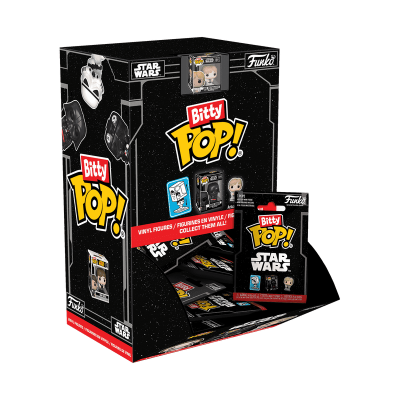 Expositor preto com embalagens pequenas de figuras Star Wars Bitty Pop! da Funko
