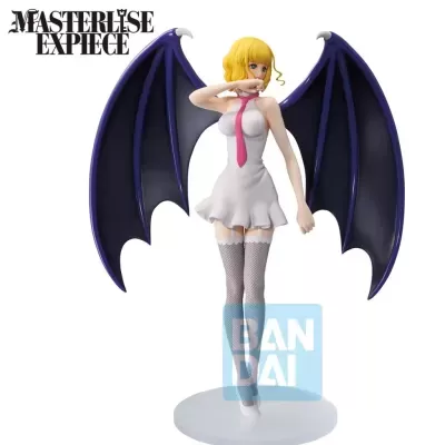 Figura colecionável feminina com asas de morcego roxas e vestido branco