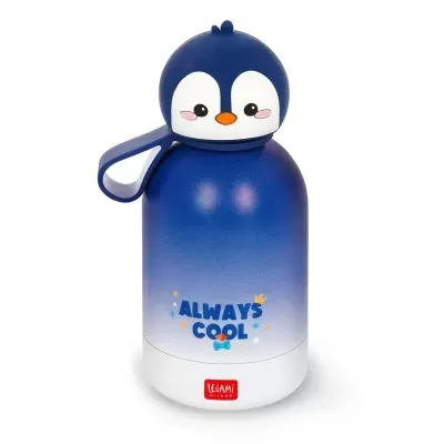 Garrafa térmica azul com tampa em forma de pinguim e texto Always Cool