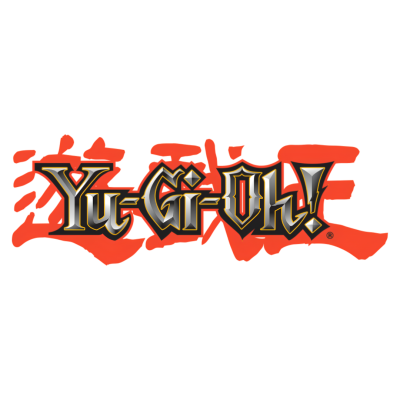 Logótipo Yu-Gi-Oh! em cinzento, preto e dourado com fundo branco e vermelho