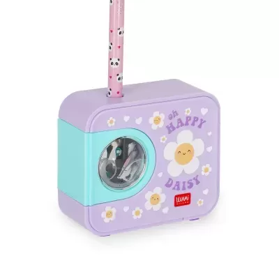 Apontador manual lilás com decoração de flores e texto oh HAPPY DAISY