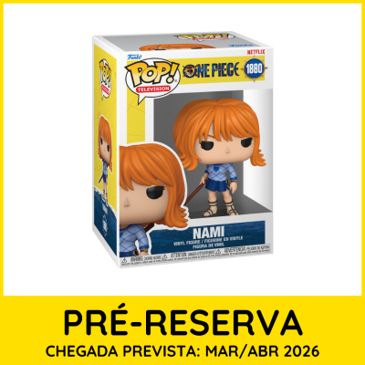 Figura Funko Pop Nami de One Piece na embalagem com aviso de pré-reserva