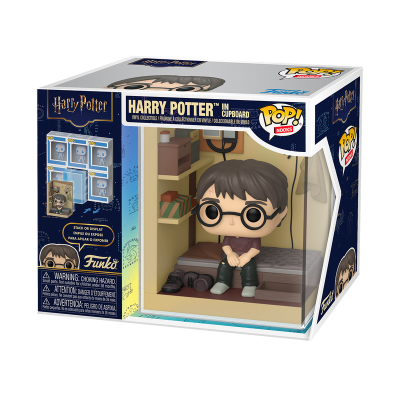 Funko Pop! Harry Potter sentado no armário em caixa de embalagem com texto e selo Pop! Movies