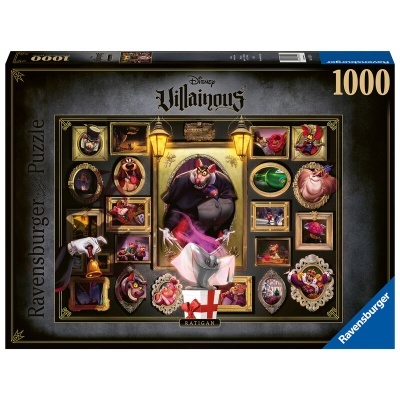 Caixa de puzzle Ravensburger Disney Villainous com 1000 peças e imagens de vilões da Disney em molduras.