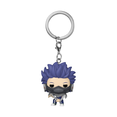 Porta-chaves Funko Pop de personagem com cabelo roxo, máscara preta e roupa azul escura